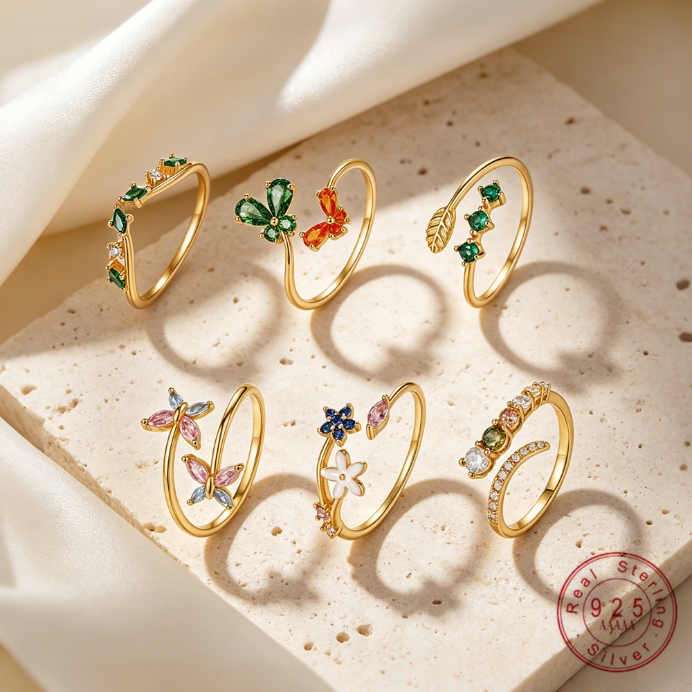 Wedding Z - แหวนเงินแท้ 925 ประดับเพชรซีกหลากสี รูปใบไม้และผีเสื้อ สำหรับผู้หญิง ดีไซน์สวยงาม