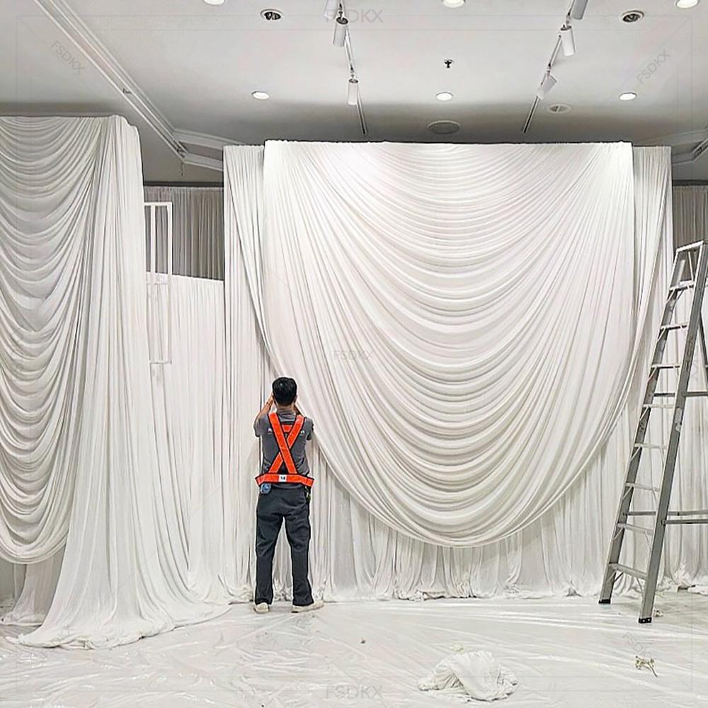Wedding Backdrop Curtain - ผ้าม่านฉากหลังงานแต่งงาน ผ้าไหมน้ำแข็งสีขาวราคาถูก FSDKX สำหรับงานปาร์ตี้วันเกิด ฉากหลังเวที