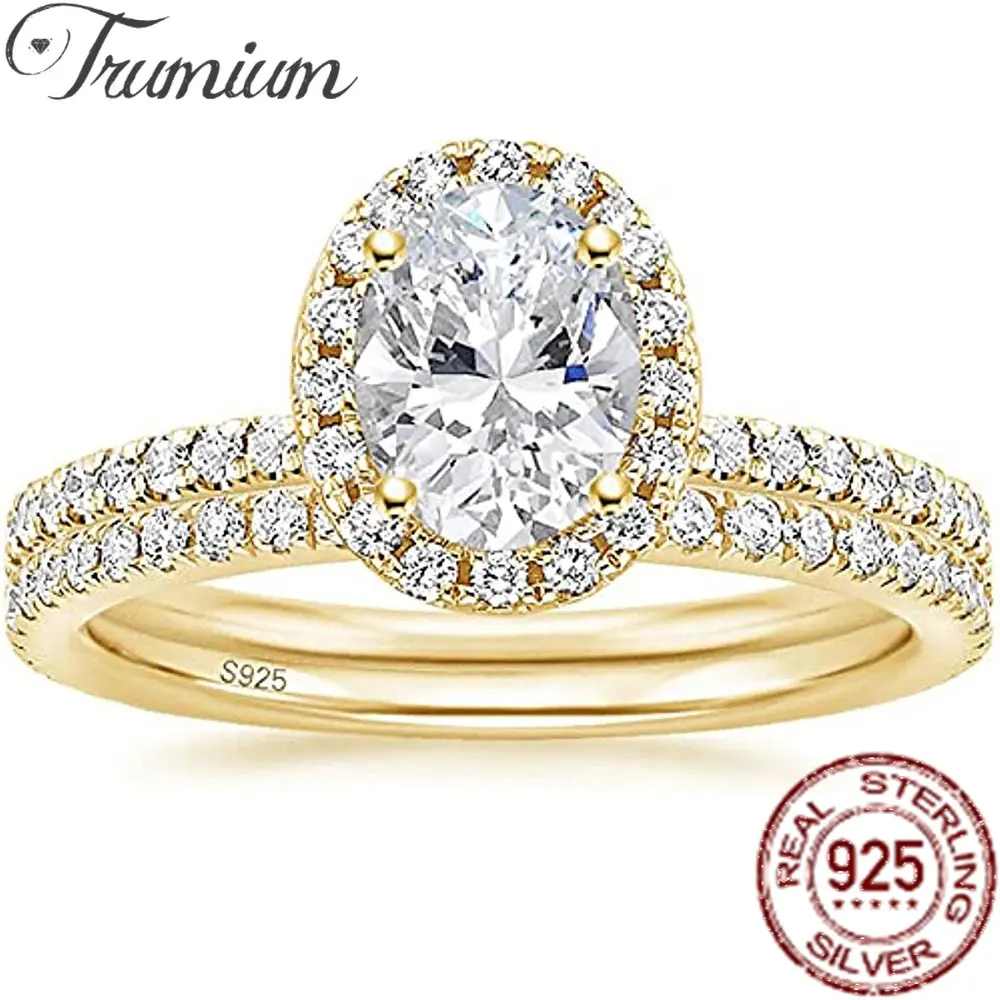 Wedding Z - ทรูเมียม 1.5CT เงิน 925 แท้คิวบิกเซอร์โคเนียแหวนเจ้าสาวชุดวงรีคิวบิกเซอร์โคเนียแหวนหมั้นแหวนแต่งงานสำหรับผู้หญิงขนาด 3-13