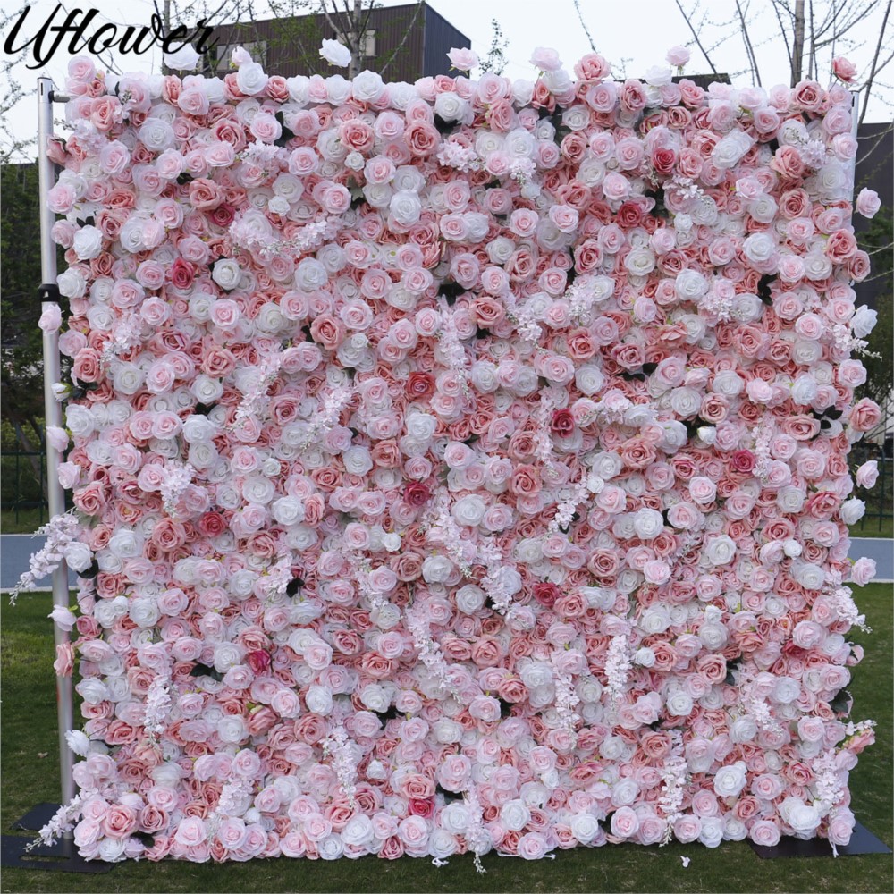 Wedding Backdrop Curtain - ผ้าตกแต่งผนังดอกกุหลาบสีชมพูขาว 5D ของ Uflower สำหรับฉากหลังงานแต่งงาน ผ้าม่านแขวน